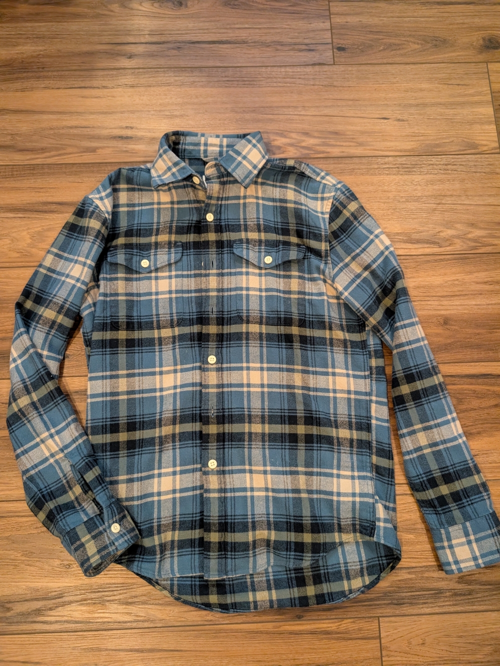 American Eagle Outfitters Blue and Cream Plaid Button-Down Shirt